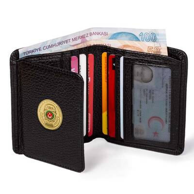 Gold Renk Gümrük Muhafaza Kaçakçılık Mini Rozetli Katlamalı Klasik Cüzdan Siyah