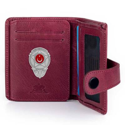 Gri Renk Yeni Özel Güvenlik Mini Rozetli Cosmopolit Crazy Deri Cüzdan Bordo - 1