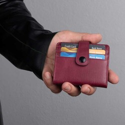 Gri Renk Yeni Özel Güvenlik Mini Rozetli Cosmopolit Crazy Deri Cüzdan Bordo - 5