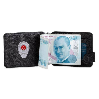 Gri Renk Yeni Özel Güvenlik Mini Rozetli Para Tokalı Kartlık Cüzdan Siyah