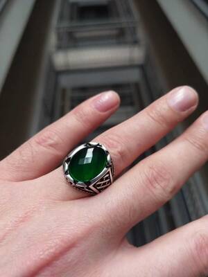 Gümüş Oval Yeşil Zirkon Taşlı Erkek Yüzük - 5