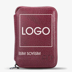 Hakiki Deri Fermuarlı İsme Özel Kartlık Cüzdan Bordo