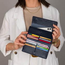 HandMax Unisex Hakiki Deri Mıknatıslı Büyük El Cüzdanı Lacivert - 11
