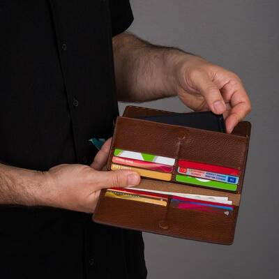 HandMax Unisex Hakiki Deri Mıknatıslı Büyük El Cüzdanı Taba - 7
