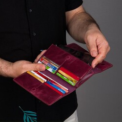 HandMax Unisex Vintage Crazy Deri Mıknatıslı Büyük El Cüzdanı Bordo - 7