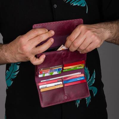 HandMax Unisex Vintage Crazy Deri Mıknatıslı Büyük El Cüzdanı Bordo - 8