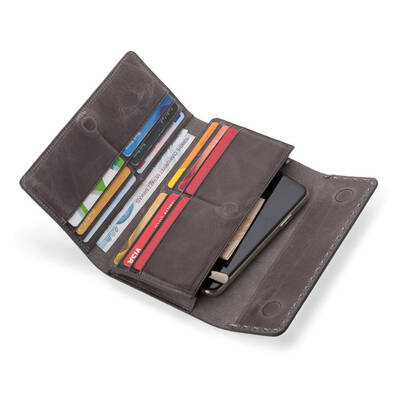 HandMax Unisex Vintage Crazy Deri Mıknatıslı Büyük El Cüzdanı Gri - 3