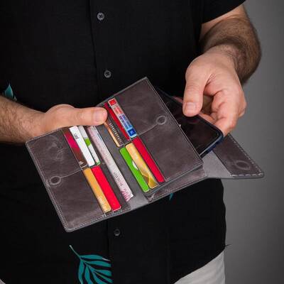 HandMax Unisex Vintage Crazy Deri Mıknatıslı Büyük El Cüzdanı Gri - 7