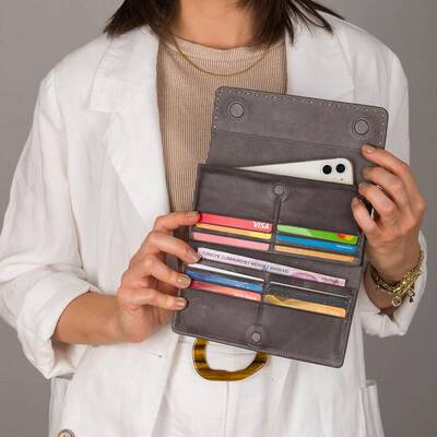 HandMax Unisex Vintage Crazy Deri Mıknatıslı Büyük El Cüzdanı Gri - 10