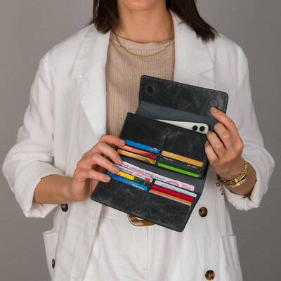 HandMax Unisex Vintage Crazy Deri Mıknatıslı Büyük El Cüzdanı İndigo - 10