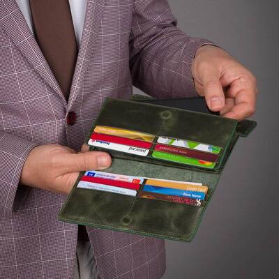 HandMax Unisex Vintage Crazy Deri Mıknatıslı Büyük El Cüzdanı Yeşil - 7
