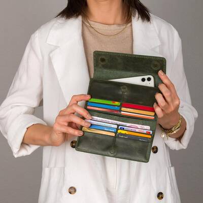 HandMax Unisex Vintage Crazy Deri Mıknatıslı Büyük El Cüzdanı Yeşil - 11