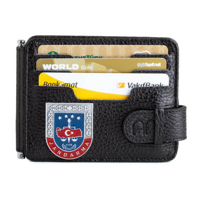 Jandarma Mini Rozetli Çift Taraflı Para Tokalı Kartlık Cüzdan Siyah