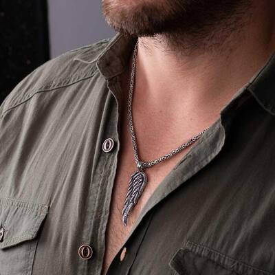 Kanat Motifli 925 Ayar Gümüş Erkek Kolye Kral Zincirli - 3