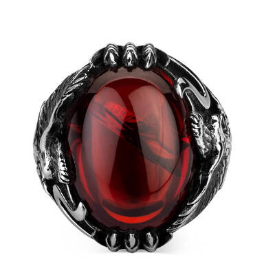 Kartal Figürlü Kırmızı Zirkon Taşlı Gümüş Erkek Yüzük - 2