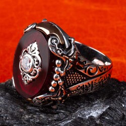 Kılıç Model Bordo Zirkon Taş Kelime-yi Tevhid Gümüş Erkek Yüzük - 5