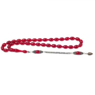Kırmızı Taşlı Kral Püsküllü Kehribar Tesbih - 1