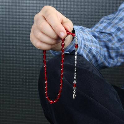 Kırmızı Taşlı Kral Püsküllü Kehribar Tesbih - 2