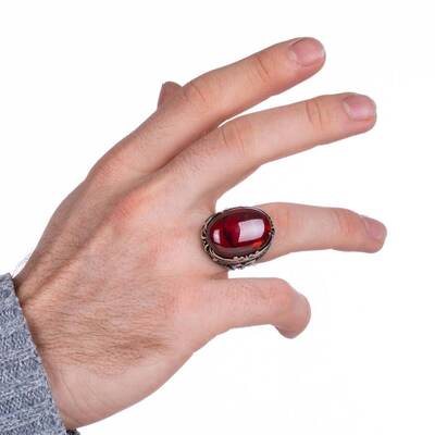 Kırmızı Zirkon Taş Kılıç Figürlü Gümüş Erkek Yüzük - 4