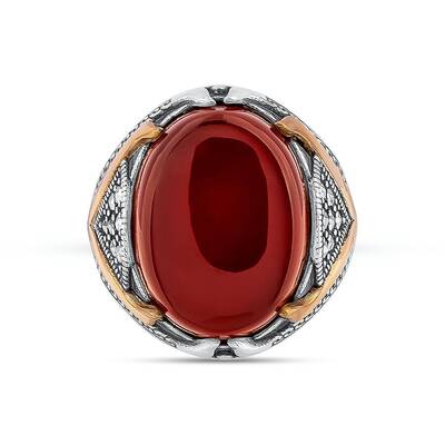Koyu Bordo Akik Taşlı V Motif Gümüş Erkek Yüzük - 2