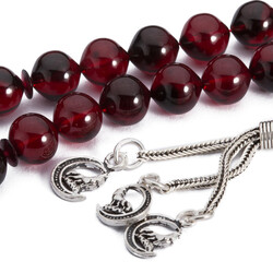 Koyu Kırmızı Taneli Sıkma Kehribar Tesbih - 3