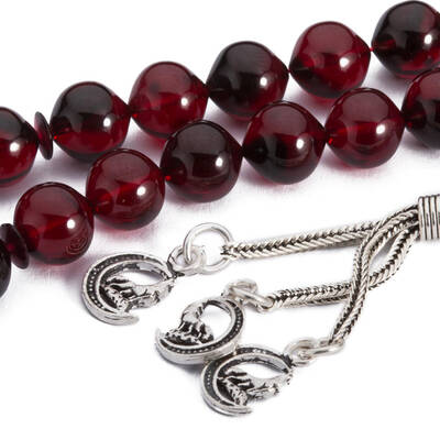 Koyu Kırmızı Taneli Sıkma Kehribar Tesbih - 3