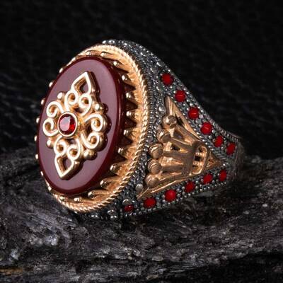 Kral Tacı Motifli Bordo Zirkon Taşlı Gümüş Erkek Yüzük - 5