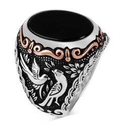 Kuş Motifli Oval Siyah Oniks Taşlı Gümüş Erkek Yüzük - 1