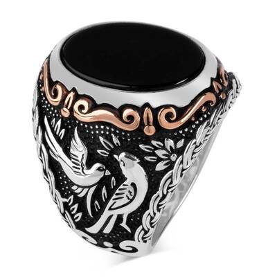 Kuş Motifli Oval Siyah Oniks Taşlı Gümüş Erkek Yüzük - 1