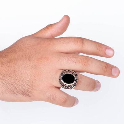 Kuş Motifli Oval Siyah Oniks Taşlı Gümüş Erkek Yüzük - 4