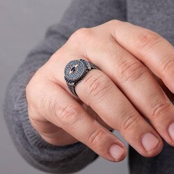 Kuzey Yıldızı Motifli Mini Mavi Zirkon Taş İşlemeli Gümüş Erkek Yüzük - 6