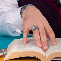 Kuzey Yıldızı Motifli Sedef Taş Zeminli Süslemeli Gümüş Erkek Yüzük - 4
