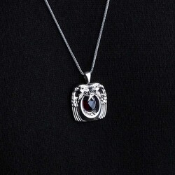 Kırmızı Zirkon Taşlı Çift Başlı Kartal Detaylı Gümüş Kolye - 4
