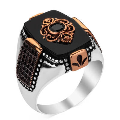 Mini Taş İşlemeli Siyah Oniks Taşlı Gümüş Erkek Yüzük - 1