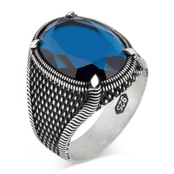Nokta Desenli Oval Tasarım Gümüş Erkek Yüzük Mavi Fasetli Zirkon Taşlı - Thumbnail