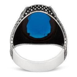 Nokta Desenli Oval Tasarım Gümüş Erkek Yüzük Mavi Fasetli Zirkon Taşlı - Thumbnail