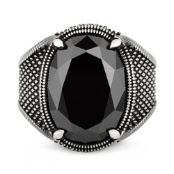Nokta Desenli Oval Tasarım Gümüş Erkek Yüzük Siyah Fasetli Zirkon Taşlı - Thumbnail