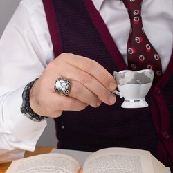 Nokta İşlemeli Beyaz Firuze Taşlı Kenar Yazı Alanlı 925 Ayar Gümüş Erkek Yüzük - 4