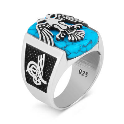 Novelty Çift Başlı Kartal Motifli Tuğralı Turkuaz Firuze Taşlı Gümüş Yüzük - 1