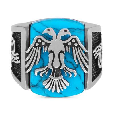 Novelty Çift Başlı Kartal Motifli Tuğralı Turkuaz Firuze Taşlı Gümüş Yüzük - 2