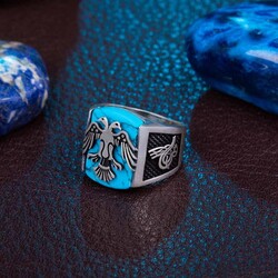 Novelty Çift Başlı Kartal Motifli Tuğralı Turkuaz Firuze Taşlı Gümüş Yüzük - 6