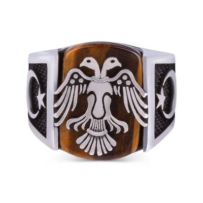 Novelty Çift Başlı Kartal Motifli Ay Yıldızlı Kaplangözü Taşlı Gümüş Yüzük - 2