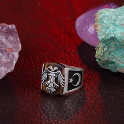 Novelty Çift Başlı Kartal Motifli Ay Yıldızlı Kaplangözü Taşlı Gümüş Yüzük - 6