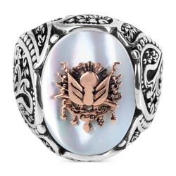 Osmanlı Arması Kabartmalı Beyaz Sedef Taşlı Gümüş Yüzük - 2
