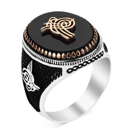 Osmanlı Tuğralı Siyah Oniks Taş İşlemeli Gümüş Erkek Yüzük - 2