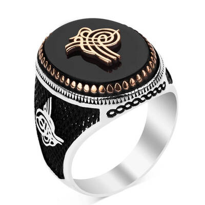 Osmanlı Tuğralı Siyah Oniks Taş İşlemeli Gümüş Erkek Yüzük - 2