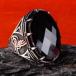 Osmanlı Tuğrası Fasetli Siyah Oval Zirkon Taşlı Gümüş Erkek Yüzük - 5