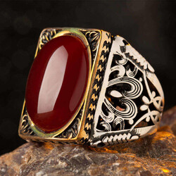 Oval Akik Taşlı Dikdörtgen Gümüş Erkek Yüzük - 3
