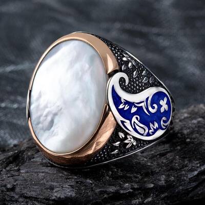 Oval Beyaz Sedef Taşlı Mavi Simetrik Desenli Gümüş Erkek Yüzük - 5