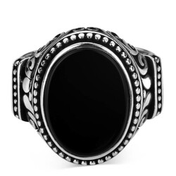 Oval Siyah Oniks Taşlı İşlemeli 925 Ayar Gümüş Yüzük - Thumbnail